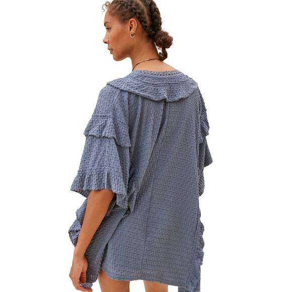 Free People Beach Size M/L Flora Tunic Ruffle button front V-neck Blue NWT - Picture 3 of 7